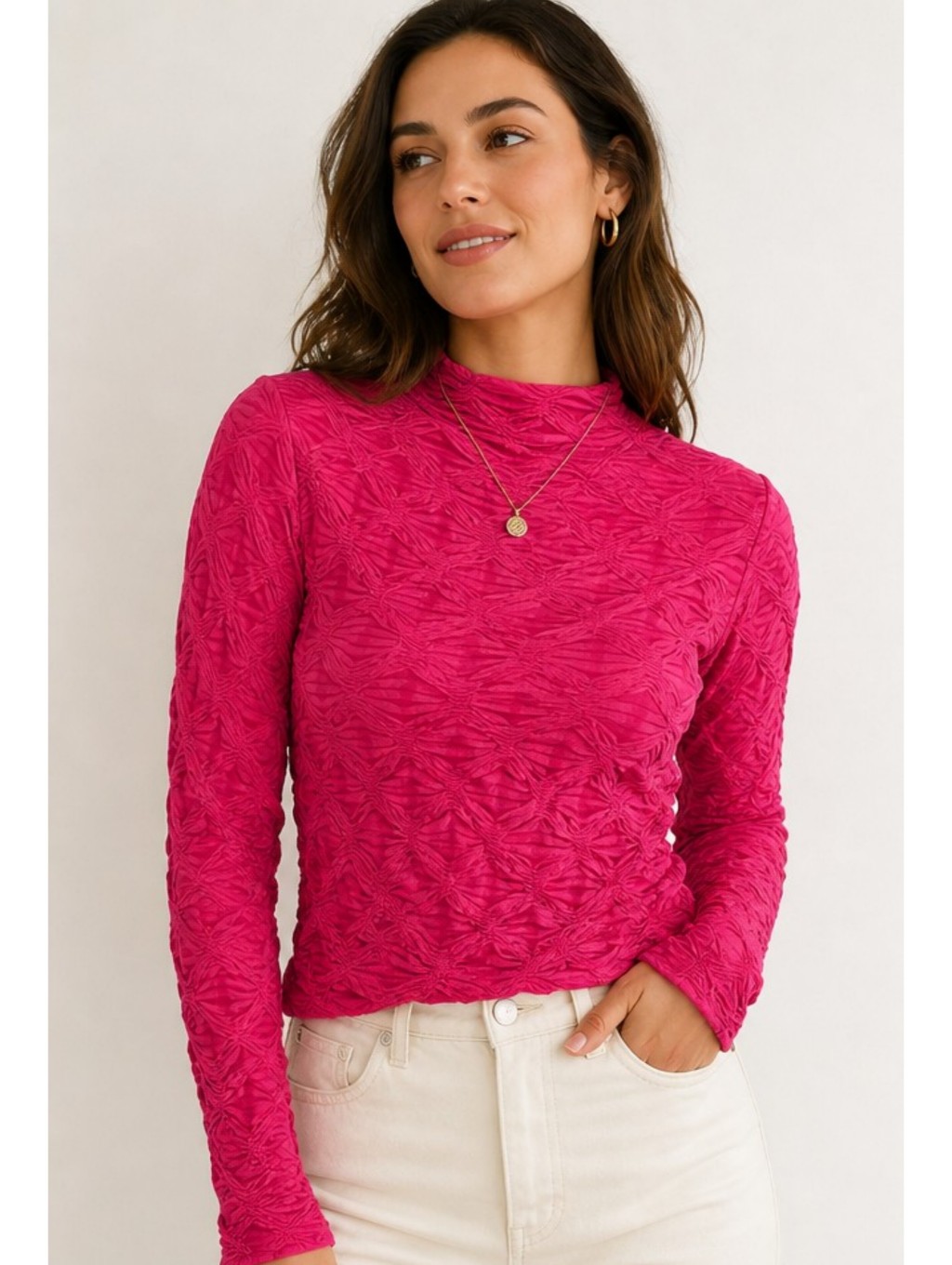 Anthropologie Maeve Hot Pink Textured Stretch Top Xs Fitted Mock Neck Nwt
